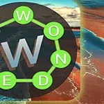 Koło z zielonymi literami otaczające dużą literę W na tle dwóch krajobrazów, jednego z morzem, a drugiego z wzgórzami