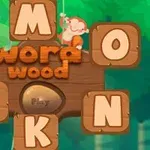 Zielone tło lasu z małpą na lianie i drewnianymi literami układającymi się w napis