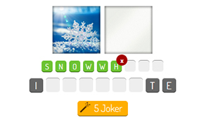 Obrazek przedstawia układankę z obrazem płatka śniegu, pustym polem, literami SNOWWH oraz miejscami na wprowadzenie liter, a także przyciskiem 5 Joker