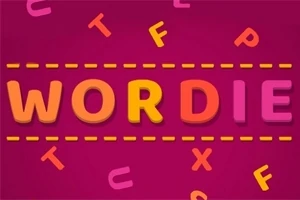 Kolorowy napis WORDIE na różowym tle z rozrzuconymi literami w różnych kolorach