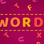 Kolorowy napis WORDIE na różowym tle z rozrzuconymi literami w różnych kolorach