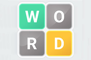 Cztery kwadratowe kafelki z literami W, O, R, D, w kolorach zielonym, szarym i żółtym