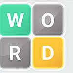 Cztery kwadratowe kafelki z literami W, O, R, D, w kolorach zielonym, szarym i żółtym