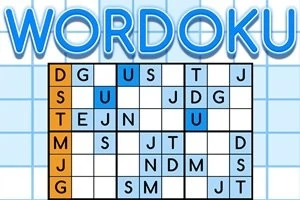 Plansza z literami w układzie przypominającym sudoku z niebieskim słowem WORDOKU na górze