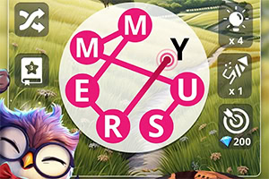 Układ liter w sieci tworzący słowo MY na tle zielonego krajobrazu, z opcjami w prawym panelu i sową w dolnym lewym rogu