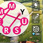 Układ liter w sieci tworzący słowo MY na tle zielonego krajobrazu, z opcjami w prawym panelu i sową w dolnym lewym rogu