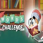 Na ilustracji znajduje się rysunkowa postać w okularach czytająca książkę z literami A B C, naprzeciwko niej płytki z symbolami i literami w bibliotecznym tle, nad którymi widnieje napis WORDS CHALLENGE
