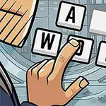 Postać układająca litery w słowo na tle futurystycznego panelu