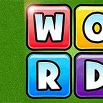 Cztery kolorowe kwadraty z literami W, O, R, D na zielonym tle