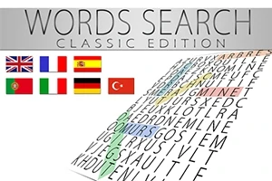 Słowa WORDS SEARCH CLASSIC EDITION na szarym tle z flagami sześciu krajów i diagramem z literami