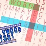 Słowa WORDS, SEA, i CELEBRITY wyróżnione na tle krzyżówki z kolorowym napisem HOLLYWOOD STARS w lewym dolnym rogu