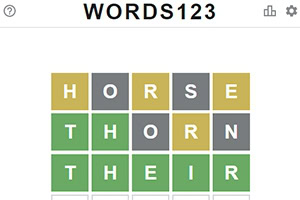 Żółte, szare i zielone litery tworzące słowa ułożone w siatkę pod napisem WORDS123