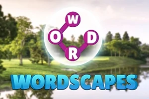 Napis WORD w różowych okręgach połączonych liniami na tle krajobrazu z drzewami oraz rzeką, z dużym napisem WORDSCAPES poniżej