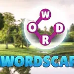 Napis WORD w różowych okręgach połączonych liniami na tle krajobrazu z drzewami oraz rzeką, z dużym napisem WORDSCAPES poniżej