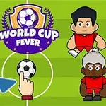 Czterech kreskówkowych piłkarzy na boisku z logo WORLD CUP FEVER i piłką nożną na środku