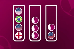 Trzy probówki zawierające flagi USA, Brazylii, Kataru i Anglii na bordowym tle z piłką nożną