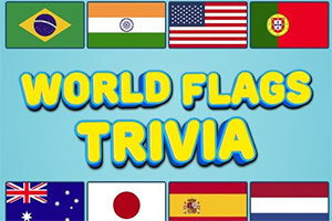 Flagi Brazylii, Indii, USA, Portugalii, Australii, Japonii, Hiszpanii i Holandii oraz napis World Flags Trivia na niebieskim tle