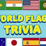 Flagi Brazylii, Indii, USA, Portugalii, Australii, Japonii, Hiszpanii i Holandii oraz napis World Flags Trivia na niebieskim tle