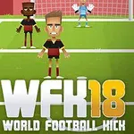 Piłkarze w czerwono-czarnych strojach na boisku przygotowujący się do strzału, z bramkarzem stoi w tle na tle bramki i logo WFK 18