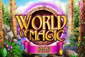 Napis World of Magic na tle magicznego lasu z kolorowymi kwiatami i ozdobnymi kolumnami