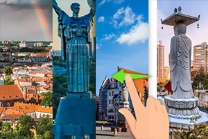 Cztery fragmenty zdjęć przedstawiające panoramę miasta z tęczą, pomnik lub rzeźbę, budynek z niebem w tle oraz posąg, a także rysunek ręki z zieloną strzałką