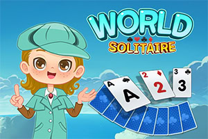 Kreskówkowa postać w zielonym stroju obok rozłożonych kart z napisami WORLD i SOLITAIRE na tle nieba z chmurami