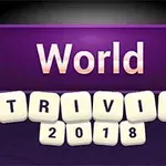 Fioletowy banner z napisem World Trivia 2018 ozdobiony gwiazdkami po bokach