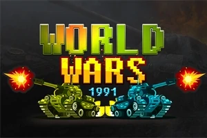 Napis World Wars 1991 w stylu pixel art, z dwoma czołgami - zielonym i niebieskim - strzelającymi do siebie