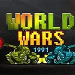 Napis World Wars 1991 w stylu pixel art, z dwoma czołgami - zielonym i niebieskim - strzelającymi do siebie