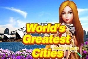 Postać kobieca z długimi rudymi włosami stoi przed mostem Sydney Harbour Bridge i Operą w Sydney, otoczona kwiatami, z dużym żółtym napisem Worlds Greatest Cities