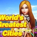Postać kobieca z długimi rudymi włosami stoi przed mostem Sydney Harbour Bridge i Operą w Sydney, otoczona kwiatami, z dużym żółtym napisem Worlds Greatest Cities