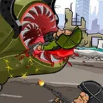 Żołnierz jest połykany przez dużego potwora, podczas gdy inny strzela z karabinu w zniszczonym miejskim krajobrazie