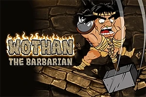 Wothan, barbarzyńca z opaską na głowie, rozbija młotem kamienną ścianę, obok napis Wothan the Barbarian