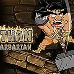 Wothan, barbarzyńca z opaską na głowie, rozbija młotem kamienną ścianę, obok napis Wothan the Barbarian