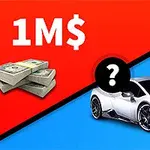 Milion dolarów w plikach banknotów po lewej stronie oraz biały sportowy samochód po prawej, oddzielone przekątną linią z pytajnikiem