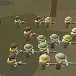 Żołnierze w stylu kreskówkowym z karabinami oraz zielony pojazd wojskowy na tle prostej grafiki