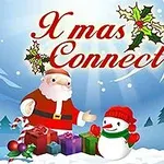 Święty Mikołaj i bałwanek stoją w zimowym krajobrazie otoczeni prezentami i ozdobami, z napisem Xmas Connect u góry