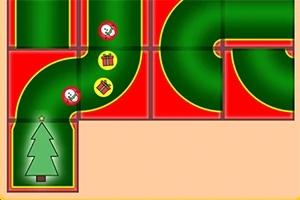 Plansza z zielonymi rurami na czerwonym tle, z ikoną choinki i prezentami