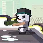 Postać w stylu pikselowym z cylindrem trzyma wyrzutnię rakiet na tle miejskiego krajobrazu