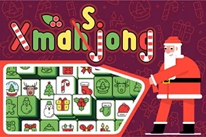 Napis Xmas Mahjong z motywem świątecznym, obok postać Mikołaja i kafelki z wzorami bożonarodzeniowymi