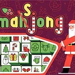 Napis Xmas Mahjong z motywem świątecznym, obok postać Mikołaja i kafelki z wzorami bożonarodzeniowymi