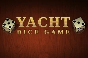 Napis Yacht Dice Game z dwoma sześciennymi kośćmi na tle imitującym drewno