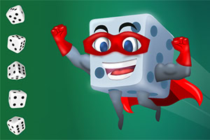 Kostka do gry w postaci superbohatera z czerwonymi rękawicami i peleryną na zielonym tle z kilkoma różnymi kostkami po lewej stronie