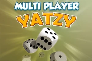 Napis „MULTI PLAYER YATZY” na tle z trzema wirującymi kostkami do gry