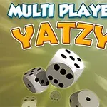 Napis „MULTI PLAYER YATZY” na tle z trzema wirującymi kostkami do gry