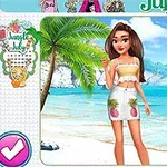 Postać w stroju letnim stojąca na plaży z palmami, błękitnym niebem i morzem w tle