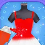 Manekin w czerwonej sukience jest malowany sprayem na tle z niebieskimi i fioletowymi elementami dekoracyjnymi