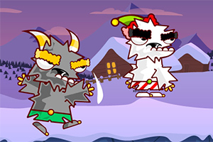 Dwie komiczne postacie, jedna w stroju szarego stwora z rogami i druga w stroju białego stworzenia z czapką elfów, na tle zimowego, górskiego krajobrazu z domkami