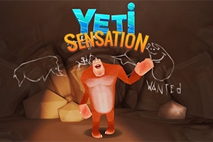 Postać czerwonego yeti w jaskini z graffiti na ścianach i napisami Yeti Sensation