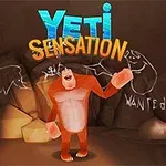 Postać czerwonego yeti w jaskini z graffiti na ścianach i napisami Yeti Sensation